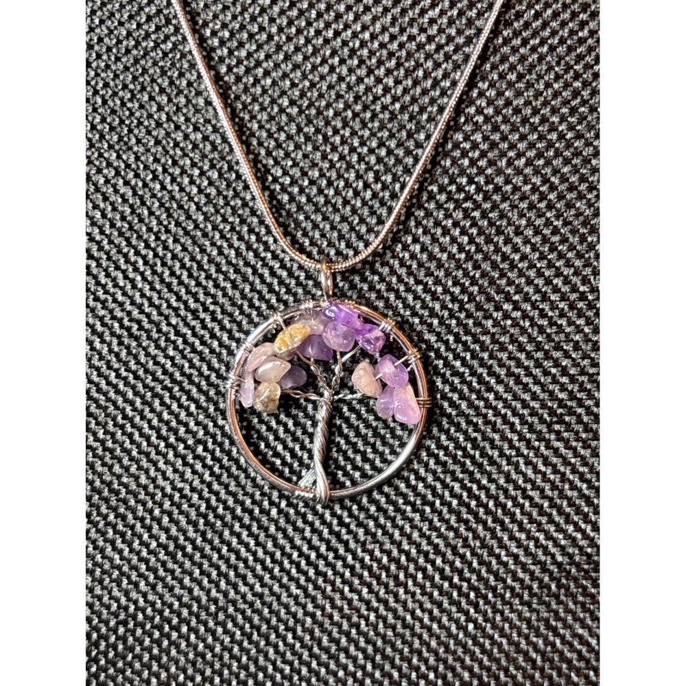 Tree of Life Amethyst Chip Pendant Stainless Steel Snake Chain Necklace Silver